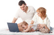 Happy family with notebook.