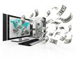 Laptop and flying cash, earning money concept