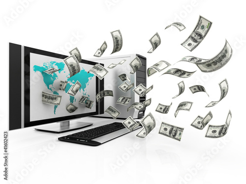 Illustration: Laptop and flying cash, earning money concept Laptop and flying cash, earning money concept