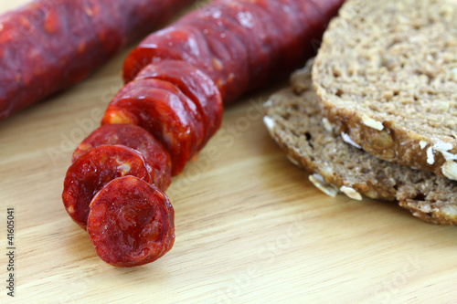 Photo: Spanish Chorizo (Cured Paprika sausage) with wholewheat bread Spanish Chorizo (Cured Paprika sausage) with wholewheat bread