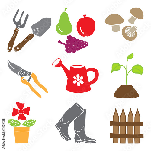 Vector: Colored gardening icons - tools and plants Colored gardening icons - tools and plants