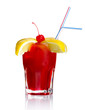 Red alcohol cocktail with lemon slices and cherry isolated