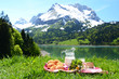 Milk, cheese and bread served at a picnic