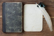Book cover, quill and inkwell, old grunge paper on wood