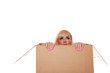 Scared young blonde emerging from a box