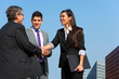 Business team shaking hands over deal outdoors.