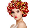Photo: Portrait of young beautiful woman with roses in hair, on white b Portrait of young beautiful woman with roses in hair, on white b