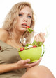 Healthy lifestyle - smiling woman with vegetable salad on white
