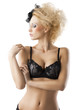 blond hairstyle sexy girl with bra underwear she looks her hand