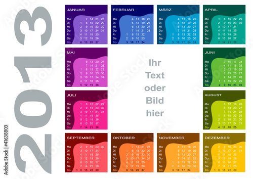 Vektor: Farbiger Jahreskalender (deutsch, Woche beginnt mit Montag) Farbiger Jahreskalender (deutsch, Woche beginnt mit Montag)