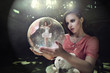 pensive girl dreams of ballet. Balerina in the ball with smoke