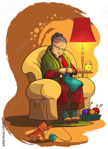 Vector: Gradmother sitting in armchair and knitting Gradmother sitting in armchair and knitting