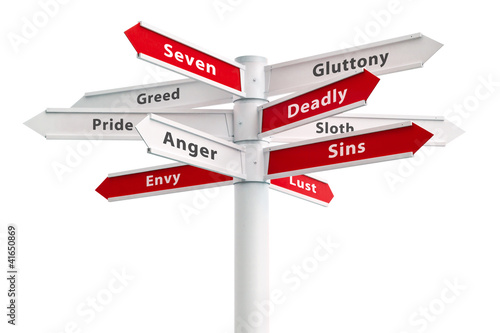 Illustration: Seven Deadly Sins On Crossroads Sign Seven Deadly Sins On Crossroads Sign