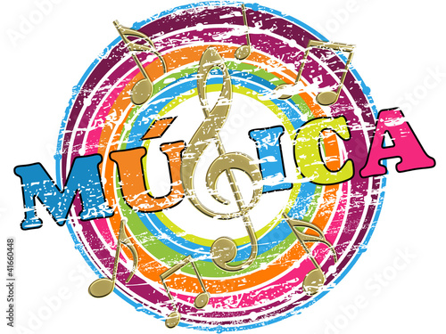 Illustration: Carimbo com a palavra "música" e notas musicais Carimbo com a palavra "música" e notas musicais