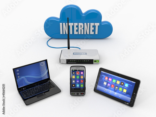 Illustration: Home wifi network. Internet via router on phone, laptop and tabl Home wifi network. Internet via router on phone, laptop and tabl