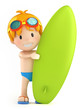 3d render of a kid with goggles and surfbaord