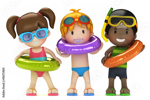 Illustration: 3d render of kids with inflatable ring 3d render of kids with inflatable ring