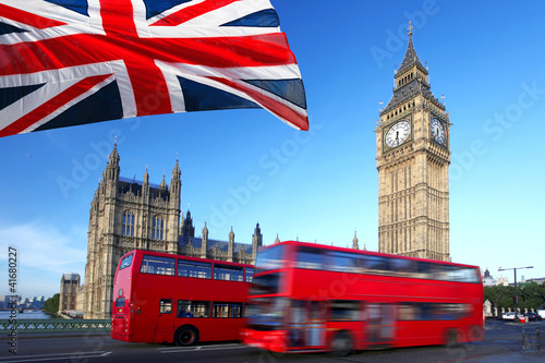 Fototapeta Big Ben with city bus and flag of England, London