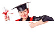 Smiling Graduation Student Holding a Blank Sign Smiling Graduation Student Holding a Blank Sign