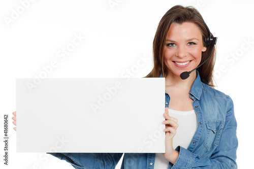Photo: callcenter mitarbeiterin mit werbekarte callcenter mitarbeiterin mit werbekarte