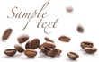 Jumping coffee beans, on white background (with sample text)