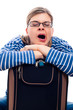 Tired traveller woman yawning