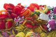 A stack of colorful inflatable lifebelts