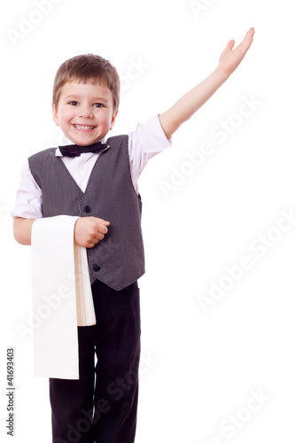 Foto: Little waiter with towel and pointing hand Little waiter with towel and pointing hand