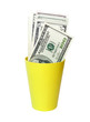 dollars in a plastic cup over white