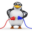 3d Penguin in glasses connects two plugs