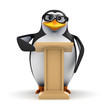 3d Penguin in glasses behind lectern