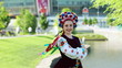 Ukrainian girl on the background of Donbass Arena. Euro-2012.