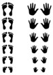 Foot and palm silhouettes of toldler, kid and adult