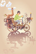 Vektor: Inventor and his steam car. Inventor and his steam car.