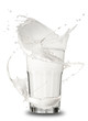 Milk splashing out of glass, isolated on white background