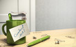 contact us text on note, office room, green design