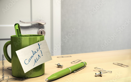 Illustration: contact us text on note, office room, green design contact us text on note, office room, green design