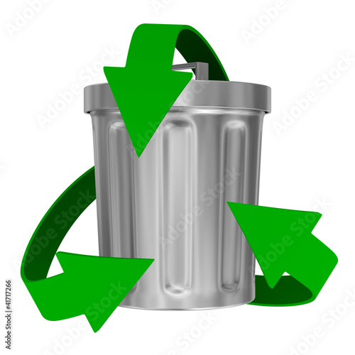 Illustration: recycling arrows and garbage basket. Isolated 3d image recycling arrows and garbage basket. Isolated 3d image