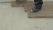 Worker laying brick tiles on the road