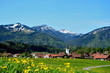 Dorf in Frühlingslandschaft im Gebirge