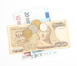 greek drachma and coins and euro banknotes