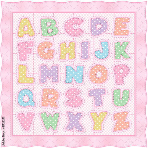 Vector: Alphabet Baby Quilt, pastel polka dots gingham pink satin border Alphabet Baby Quilt, pastel polka dots gingham pink satin border