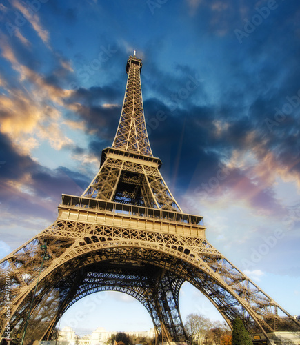 Beautiful photo of the Eiffel tower in Paris with gorgeous sky c