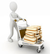 man rolls a light cart with  baggage