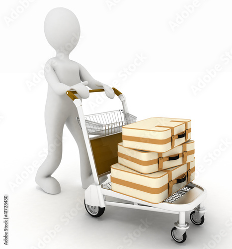 Illustration: man rolls a light cart with baggage man rolls a light cart with baggage