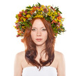 red haired woman with flower wreath on head red haired woman with flower wreath on head