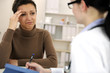 Woman suffering from migraine and doctor