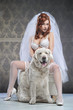 Red beautiful luxury woman in underwear with white dog