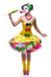 full-length portrait of Proud Clown Displaying a Flower