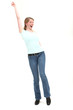 Joyful woman with arm raised